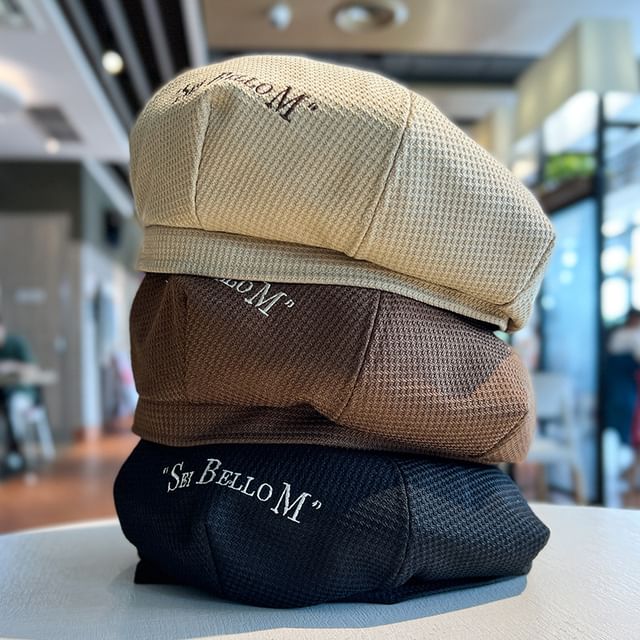 Embroidered Lettering Beret Waffle