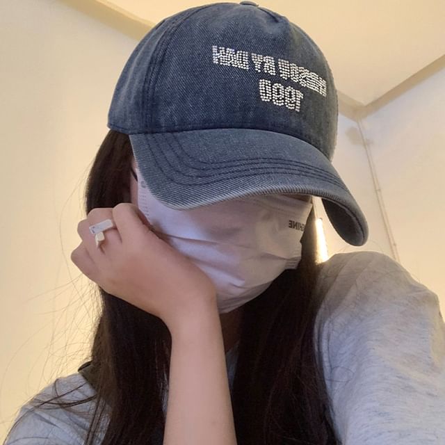 Lettering Cap Baseball Denim Washed Rhinestone