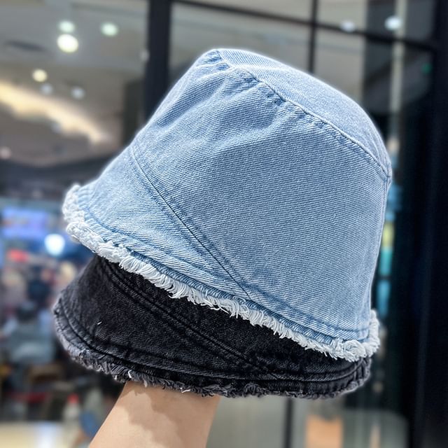 Hat Denim Frayed Bucket Washed