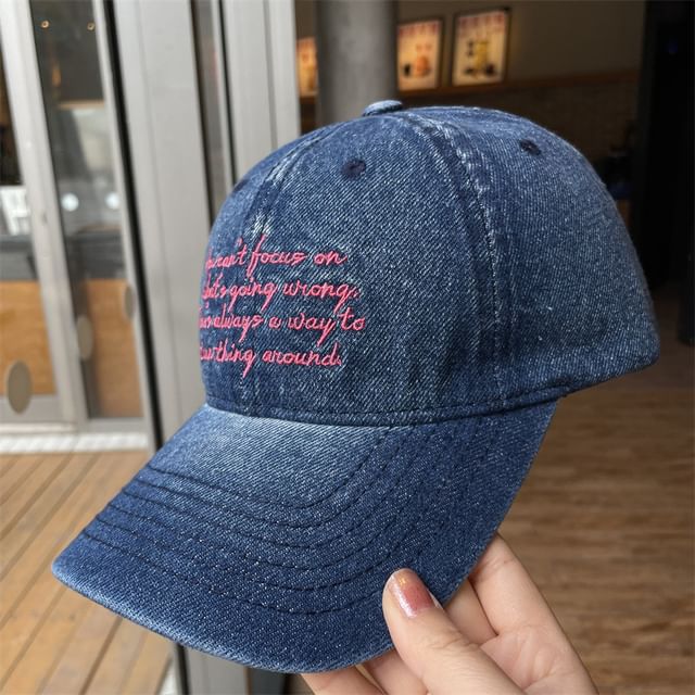 Lettering Embroidered Washed Cap Baseball Denim