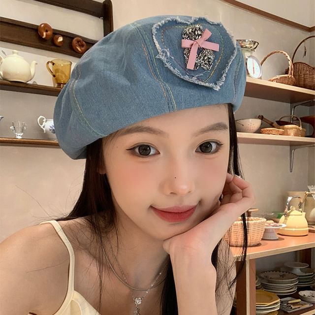 Bow Denim Rhinestone Applique Beret Heart