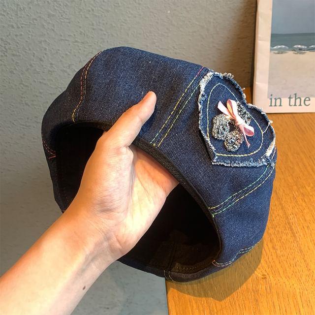 Bow Denim Rhinestone Applique Beret Heart