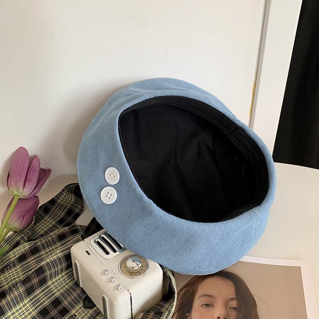Beret Accent Denim Button Washed
