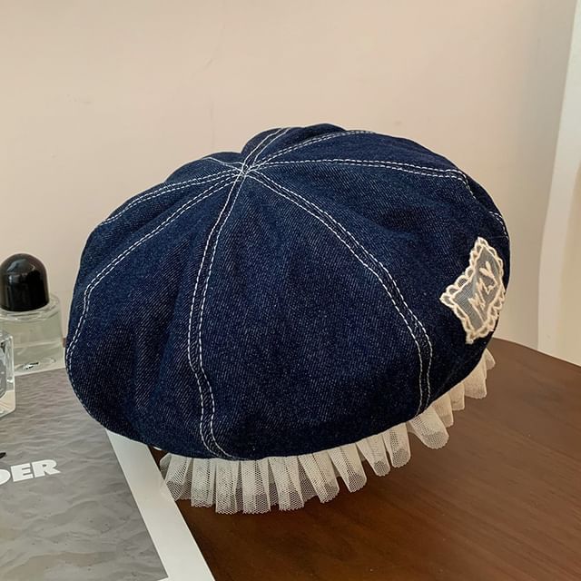 Mesh Lettering Denim Beret Applique Panel