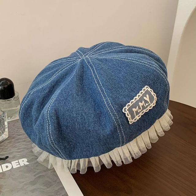 Mesh Lettering Denim Beret Applique Panel