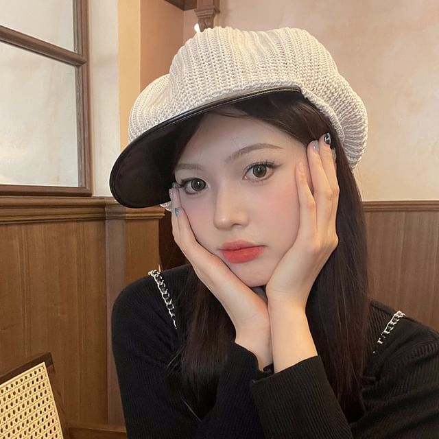 Knit Newsboy Leather Panel Cap Faux