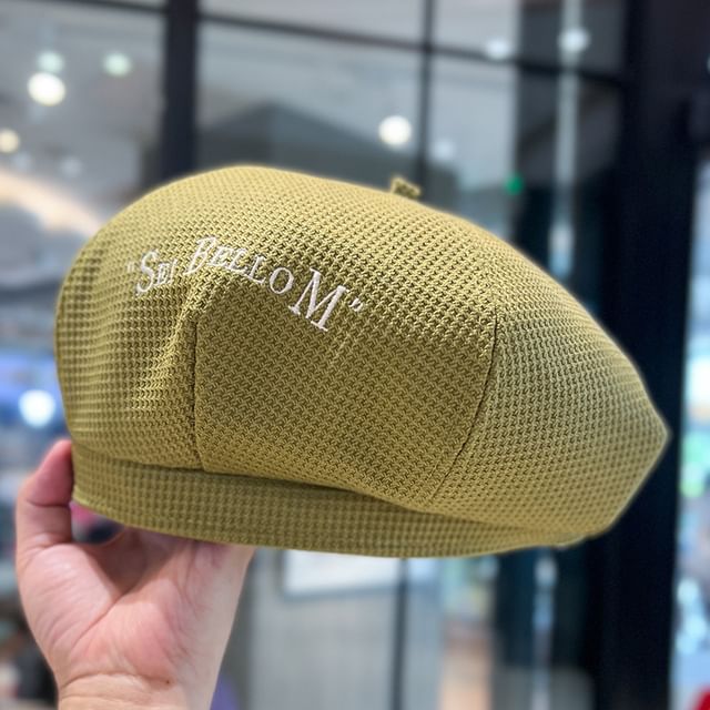Embroidered Lettering Beret Waffle