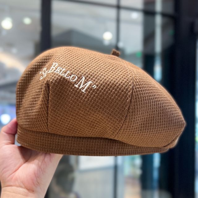 Embroidered Lettering Beret Waffle