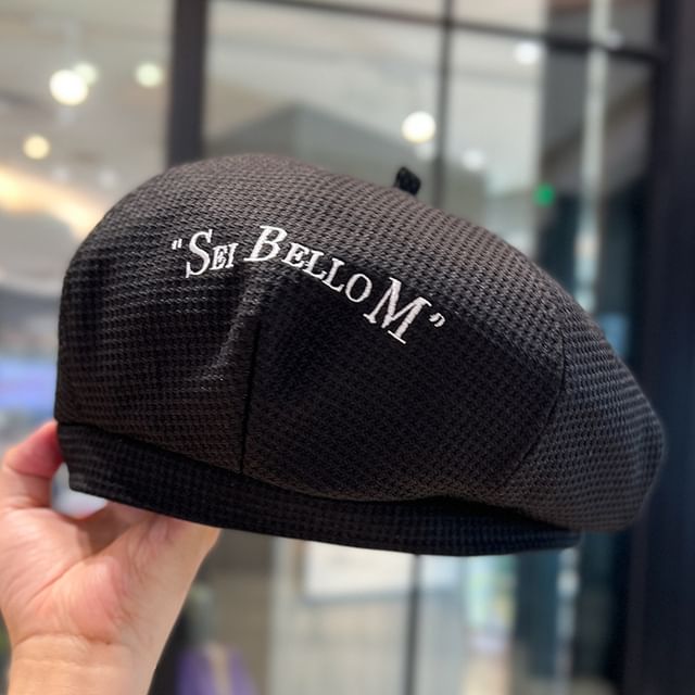 Embroidered Lettering Beret Waffle