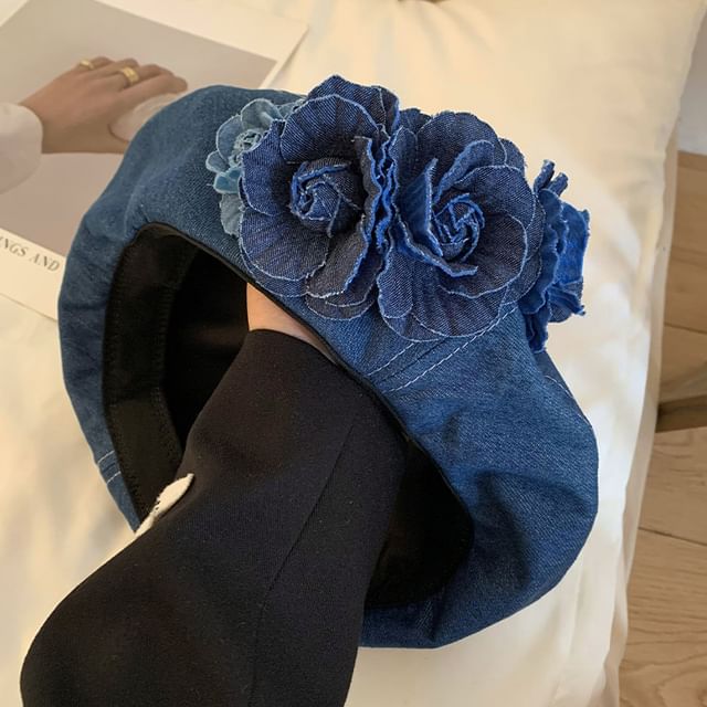 Beret Denim Floral Accent
