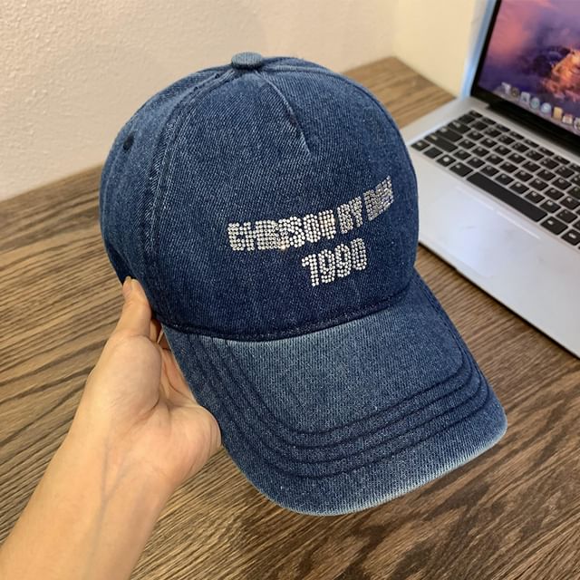 Lettering Cap Baseball Denim Washed Rhinestone