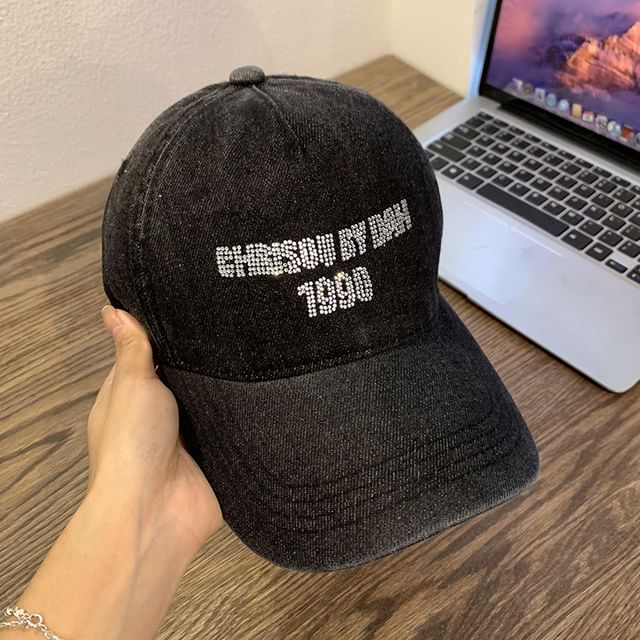 Lettering Cap Baseball Denim Washed Rhinestone