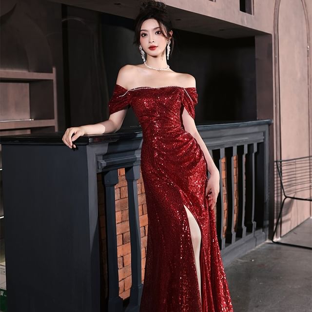 Short-Sleeve Square Neck Plain Sequin Slit A-Line Evening Gown