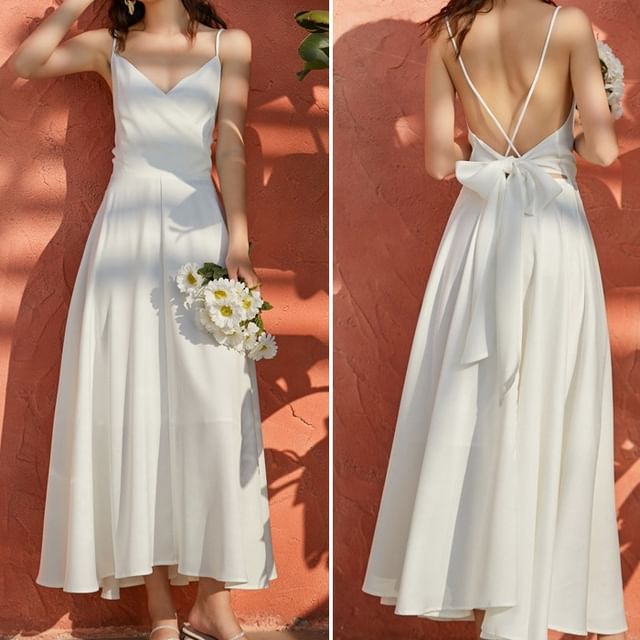 Maxi Plain V-Neck A-Line Strap Dress Spaghetti