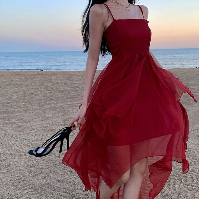 A-Line Dress Asymmetrical Spaghetti Strap Sheer