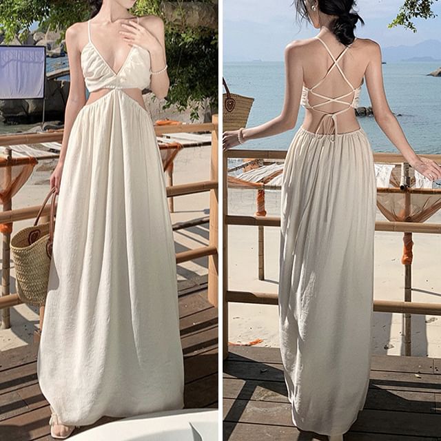 Dress V-Neck Plain A-Line Spaghetti Maxi Strap Cutout