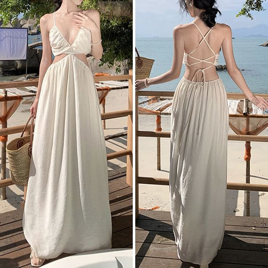 Dress V-Neck Plain A-Line Spaghetti Maxi Strap Cutout