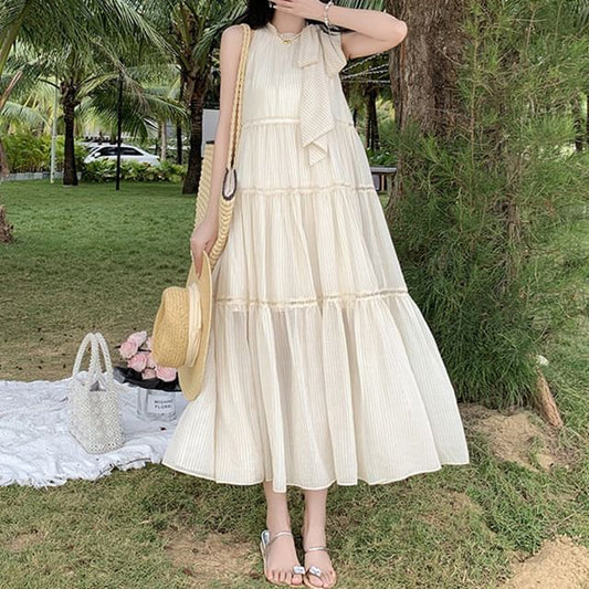 Dress Midi Plain Sleeveless Crewneck A-Line