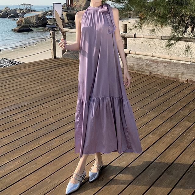 Crewneck Maxi Sleeveless Plain Dress A-Line