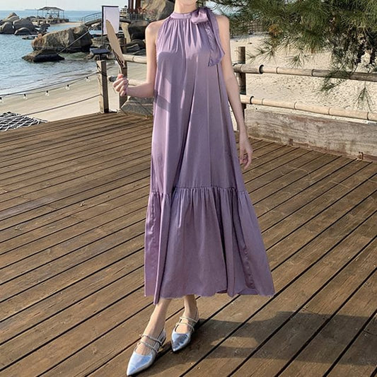 Crewneck Maxi Sleeveless Plain Dress A-Line