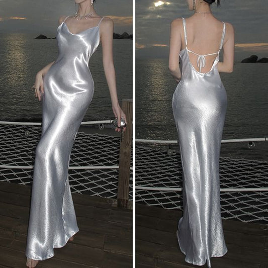 Sheath Strap Plain Back Open Maxi Dress Spaghetti