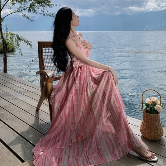 Spaghetti A-Line Strap Maxi V-Neck Dress Floral Print