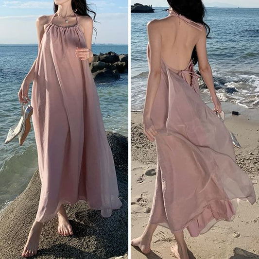 Dress Back Neck Midi Halter Open Plain A-Line