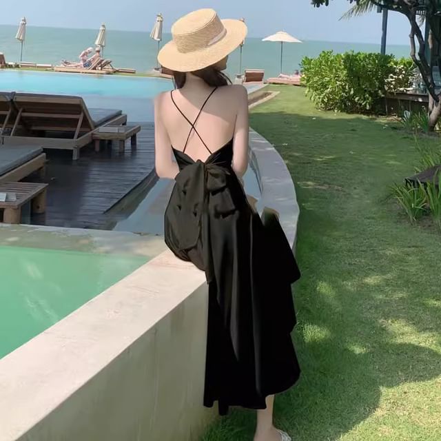 Maxi Plain V-Neck A-Line Strap Dress Spaghetti