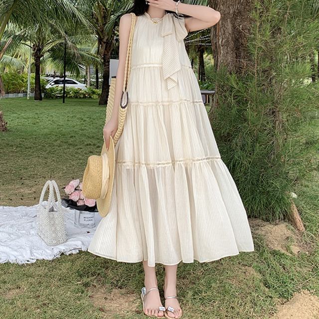 Dress Midi Plain Sleeveless Crewneck A-Line