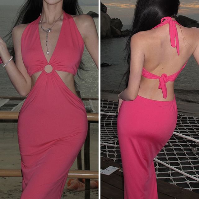 Bodycon Plain Neck Cutout Dress Halter Midi