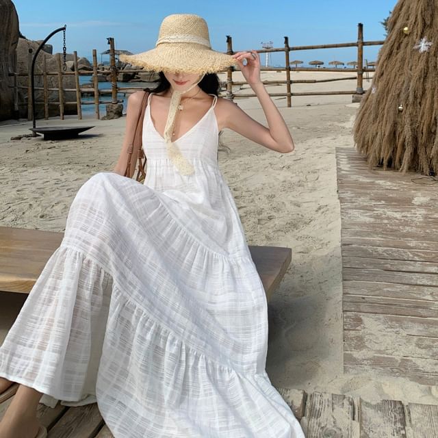 Maxi Plain Dress Sleeveless A-Line V-Neck