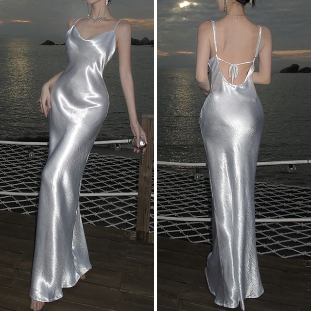 Sheath Strap Plain Back Open Maxi Dress Spaghetti