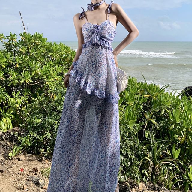 A-Line Strap Dress Spaghetti Midi Print Floral