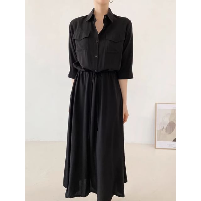 Long-Sleeve Collared Plain Drawstring Waist Maxi A-Line Shirt Dress