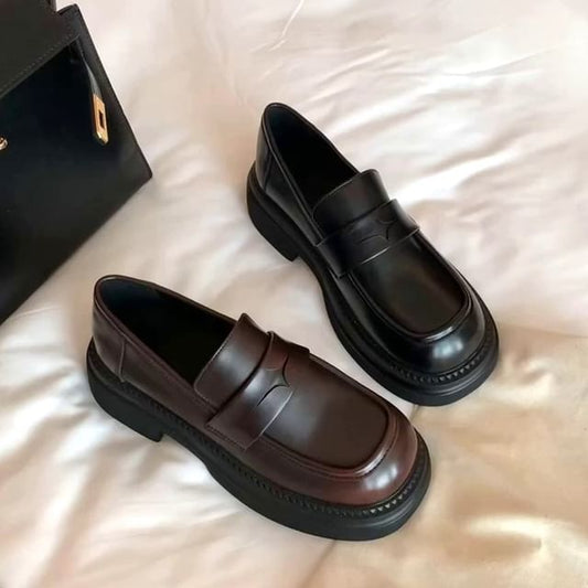 Faux Heel Loafers Leather Chunky Platform