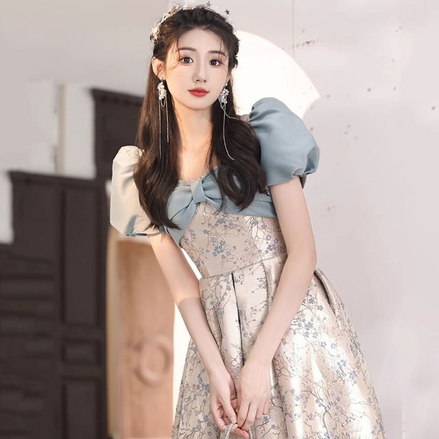 Evening Floral Puff-Sleeve Gown A-Line