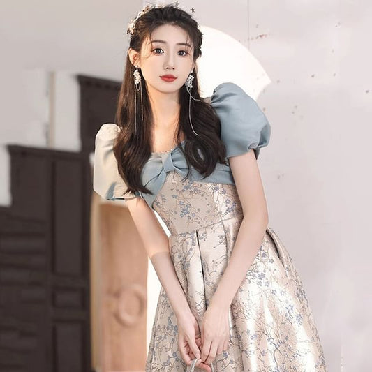 Evening Floral Puff-Sleeve Gown A-Line