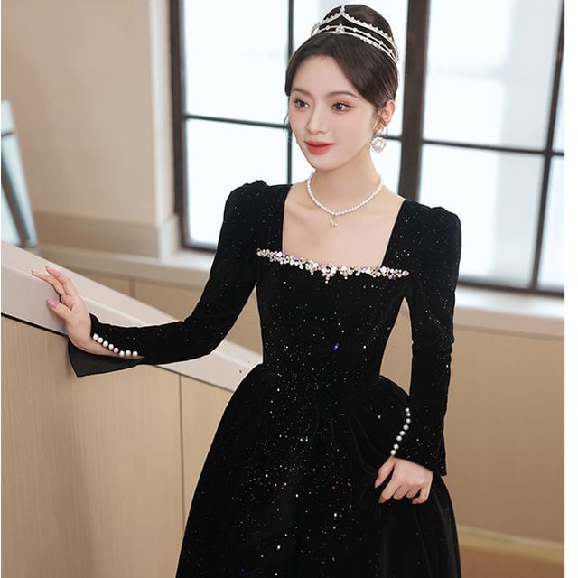 Gown Sequin A-Line Neck Long-Sleeve Evening Square
