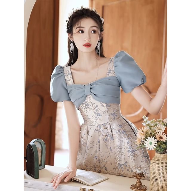 Evening Floral Puff-Sleeve Gown A-Line