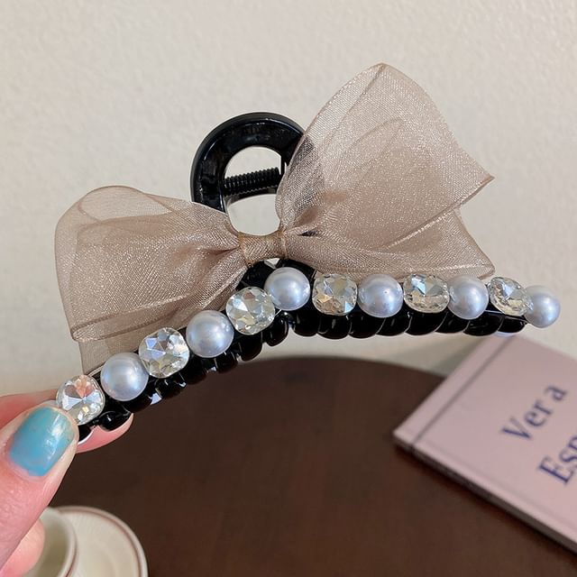 Faux Pearl Rhinestone Bow Hair Claw