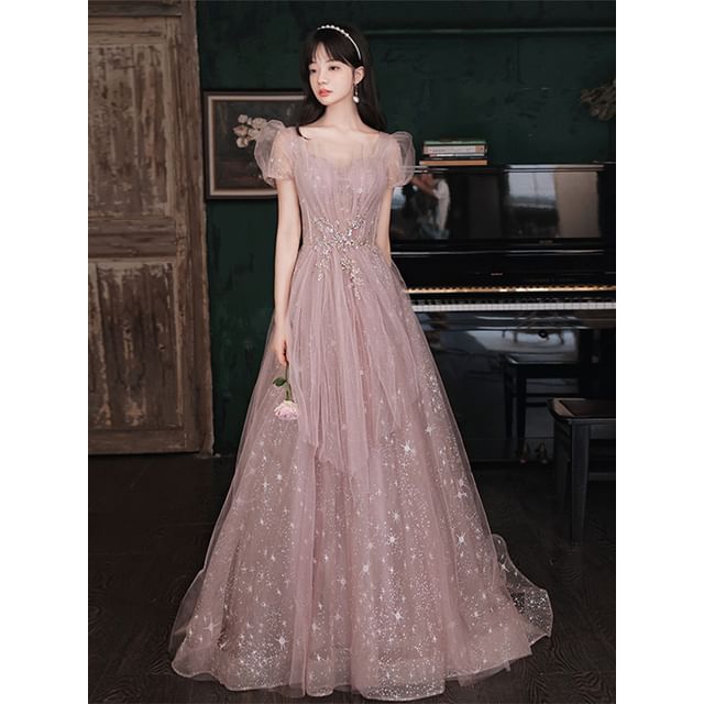 Short-Sleeve V-Neck Mesh A-Line Evening Gown