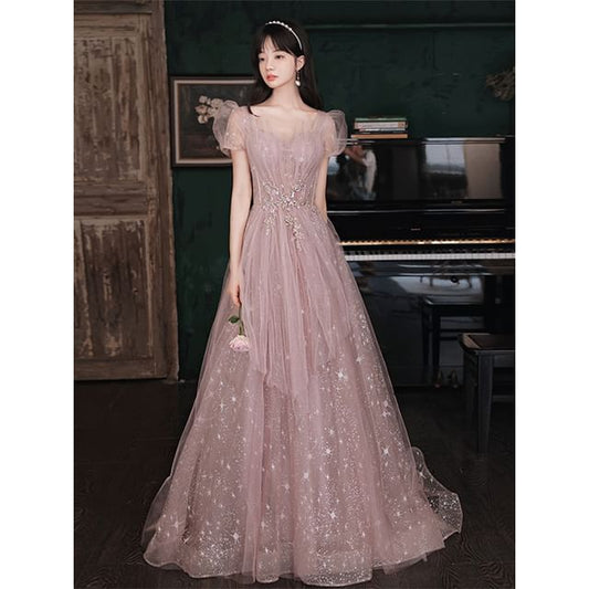 Short-Sleeve V-Neck Mesh A-Line Evening Gown