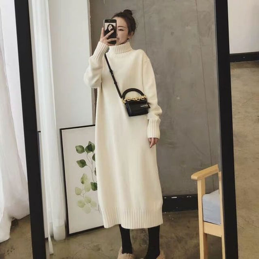 Turtleneck Plain Long-Sleeve Sweater Midi Dress