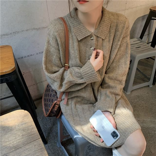 Mini Sweater Dress Polo-Neck Plain Long-Sleeve
