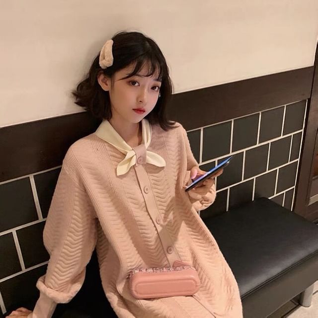 Puff-Sleeve Plain Button-Up Knit Tie-Neck Midi Dress