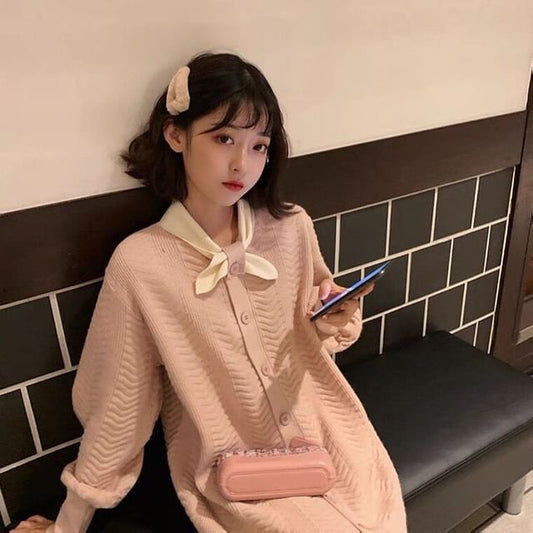 Puff-Sleeve Plain Button-Up Knit Tie-Neck Midi Dress