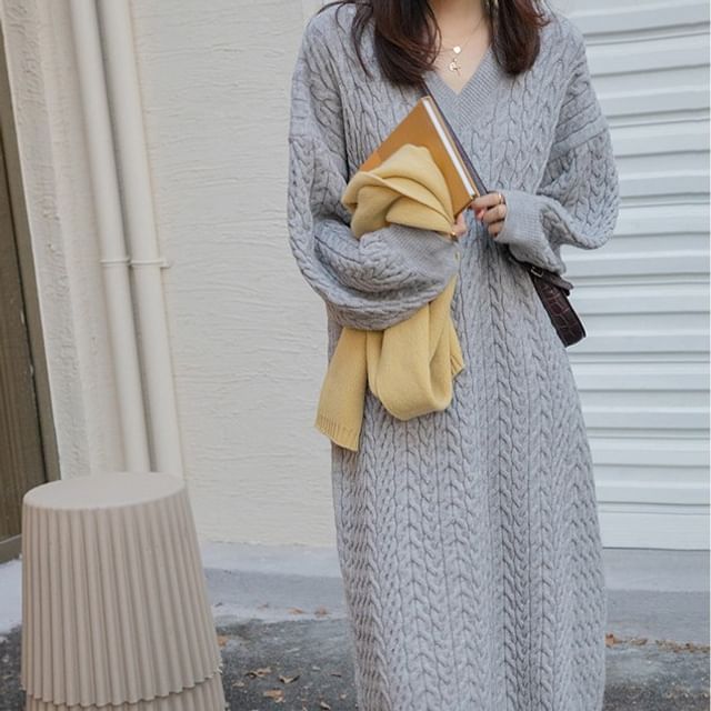 Plain Dress Sweater Midi V-Neck Long-Sleeve