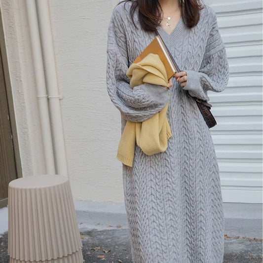 Plain Dress Sweater Midi V-Neck Long-Sleeve