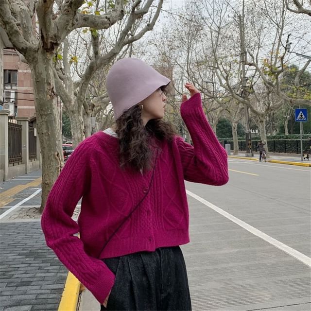 Cable Knit Cardigan Button-Up Plain