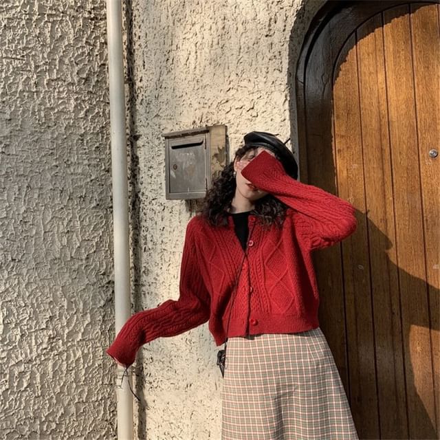 Cable Knit Cardigan Button-Up Plain